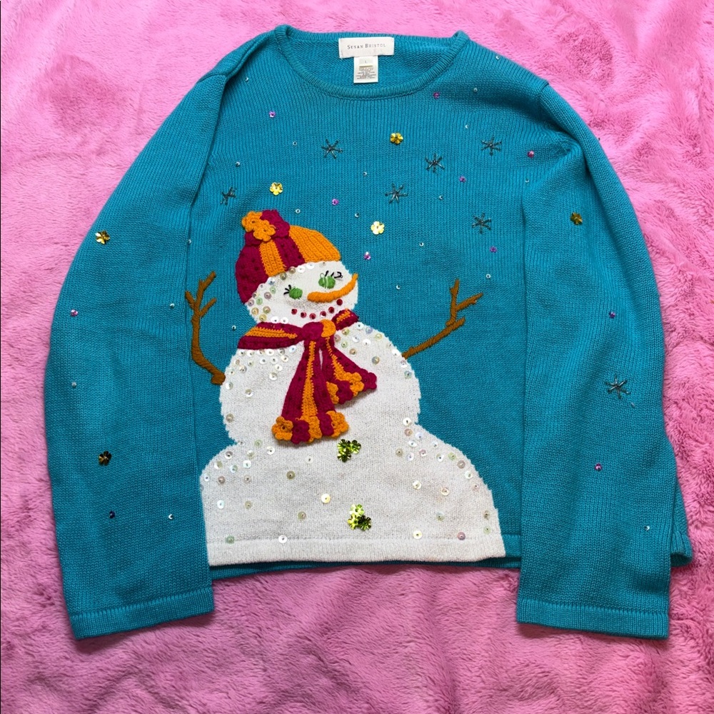 Susan Bristol Blue Sweater w/ Colorful Sequin Snowman Wearing Hat and Scarf